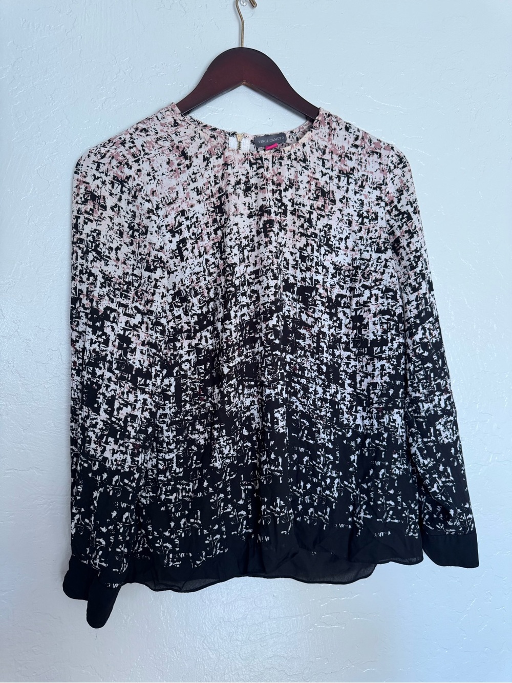 Vince Camuto Black and Light Pink Printed Long-Sleeve Blouse